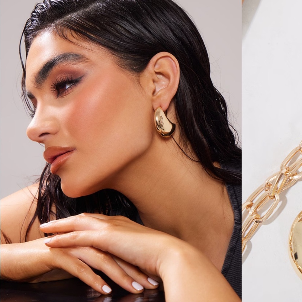 PrettyLittleThing Gold Curved Drop Earrings NWT One Size - Picture 2 of 5